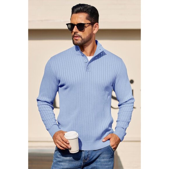 Men's Quarter Button Sweater Long Sleeve Stand Collar Sweater Knitted Light Blue - Picture 4 of 5